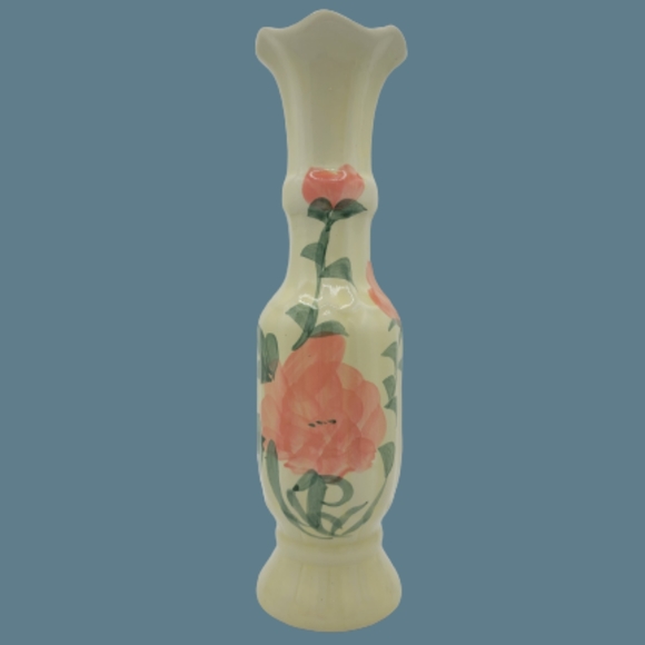 Hand Painted Floral Ceramic Fluted Scalloped Long Neck Amphora Vase Vintage - Picture 1 of 8